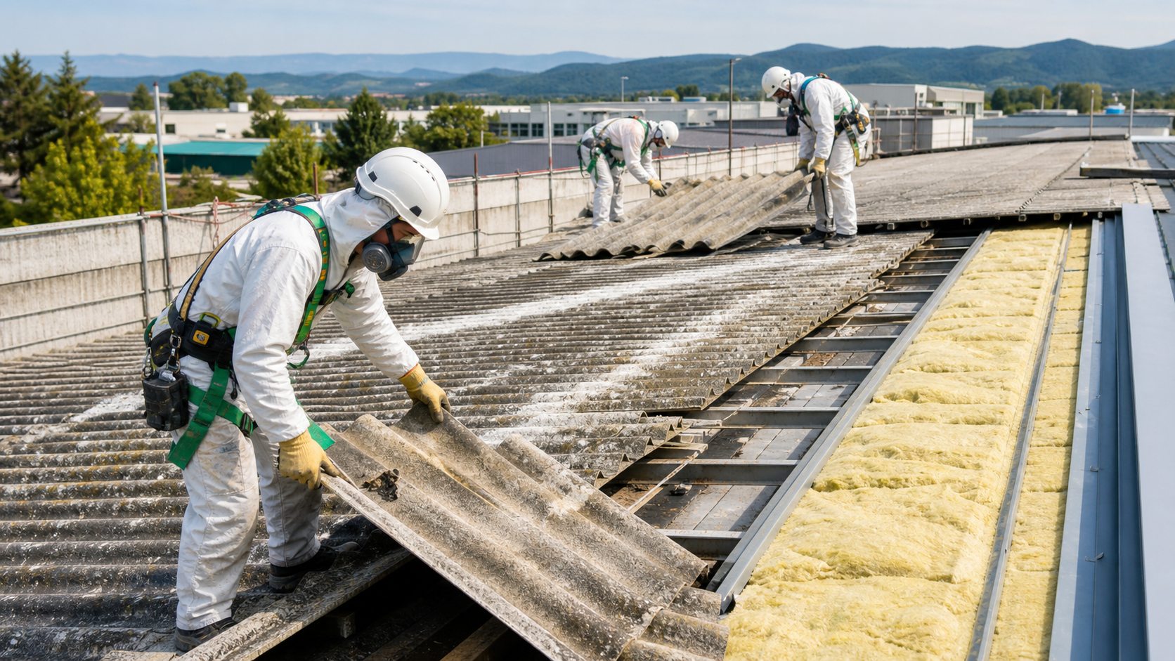 Operatori specializzati durante la bonifica di una copertura in amianto