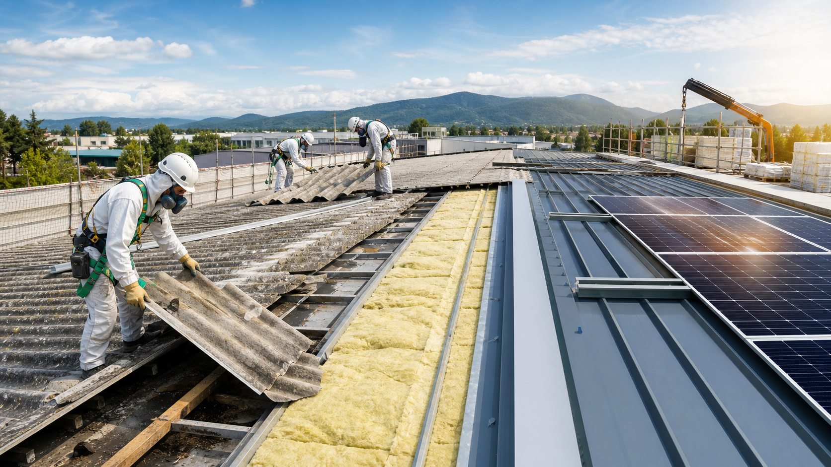 Cantiere su copertura industriale con bonifica, isolamento e pannelli fotovoltaici